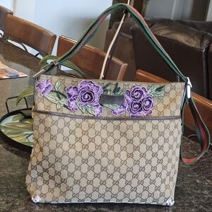 Gucci GG Monogram Sherry Line Hobo Canvas Crossbody w/Patches added